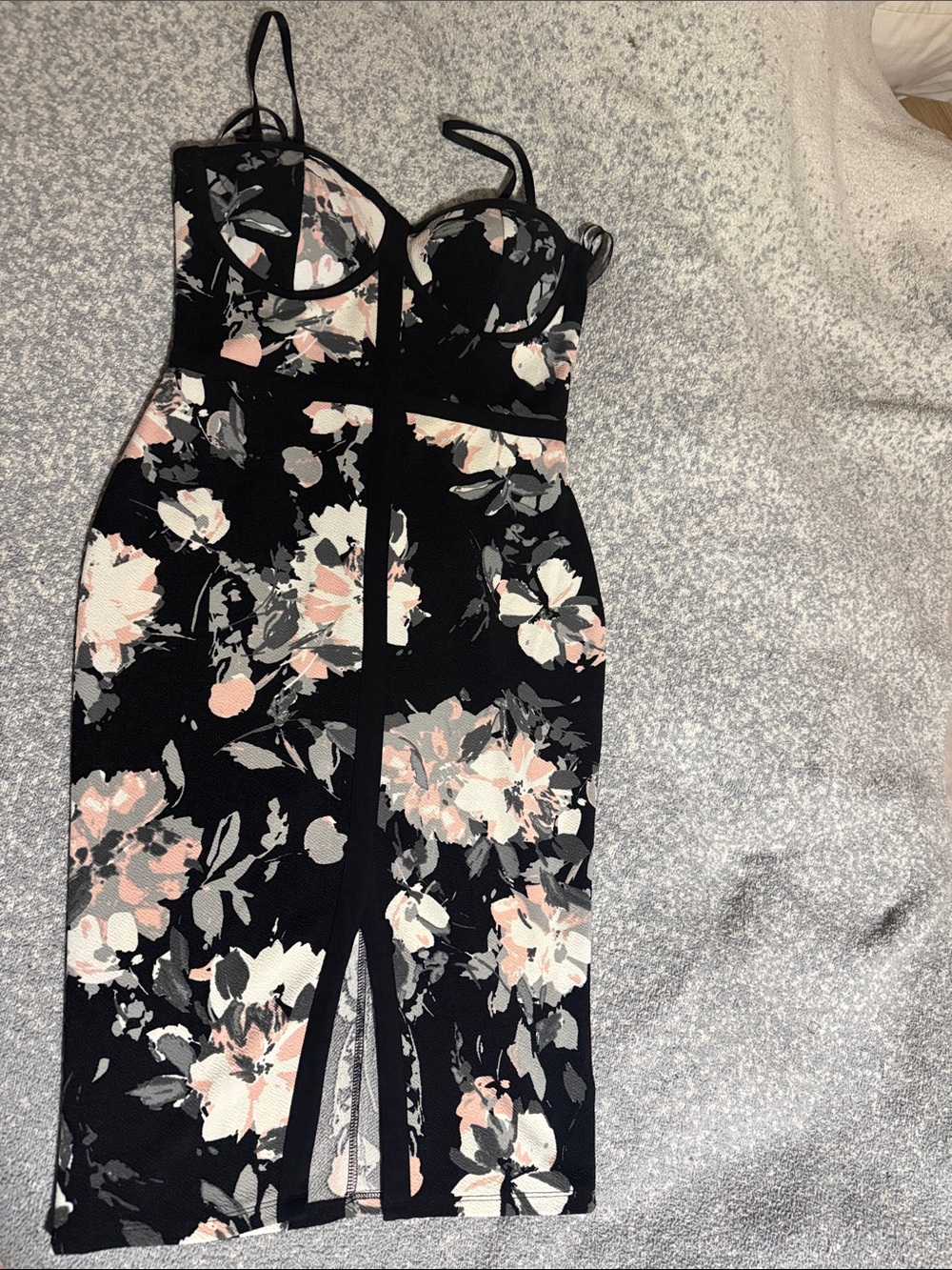 Sears Black Floral Midi Dress with Pink and Gray Accents